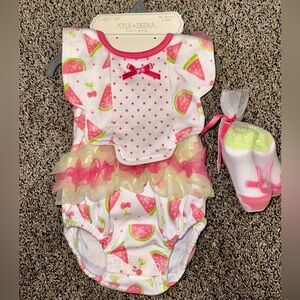 Kyle & Deena girls watermelon bib bodysuit & socks set 0-3 months NWT